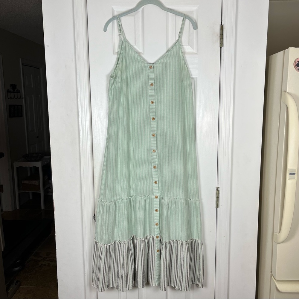 Dept 222 Tiered Maxi Dress Spaghetti Strap Bohemian Stripe Prairie Beachy